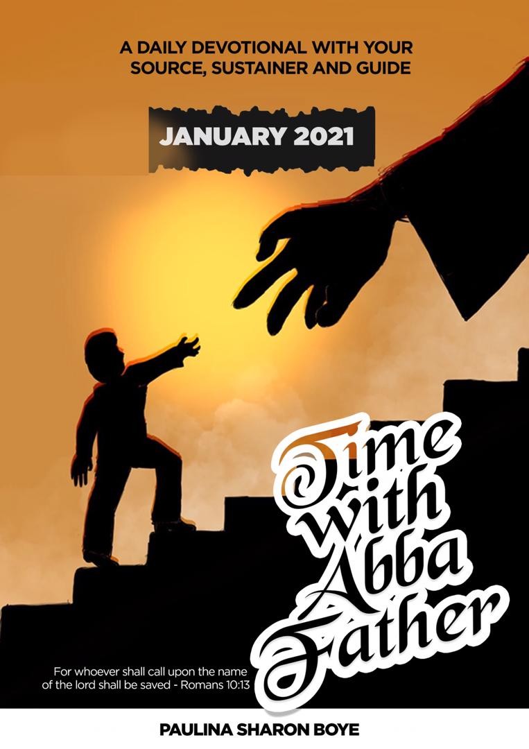 An illustration of a child reaching out towards a hand descending from above, symbolizing guidance and support, with a sunset backdrop and text promoting a devotional titled 'Time With Abba Father'.